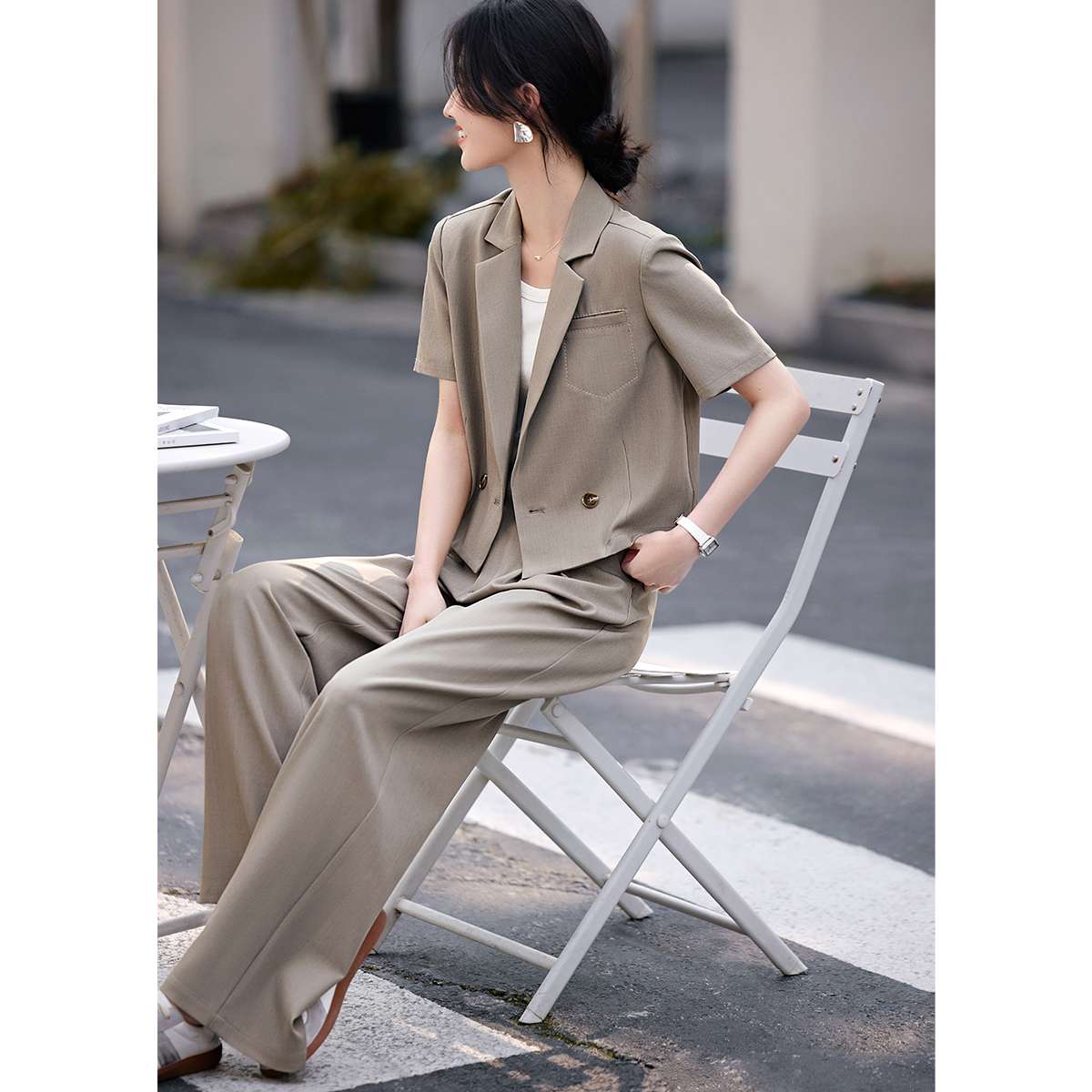 フォーマルスーツ 女性用半袖ワイドパンツスーツセット