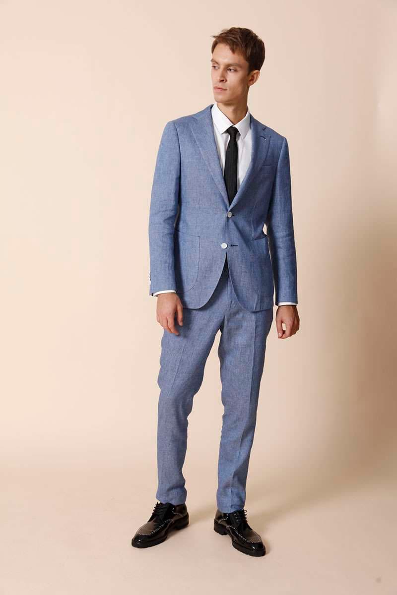 フォーマルスーツ 清涼感のあるブルーリネンスーツ