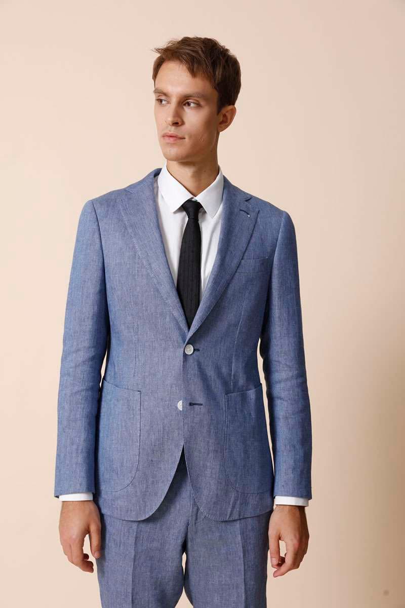 フォーマルスーツ 清涼感のあるブルーリネンスーツ