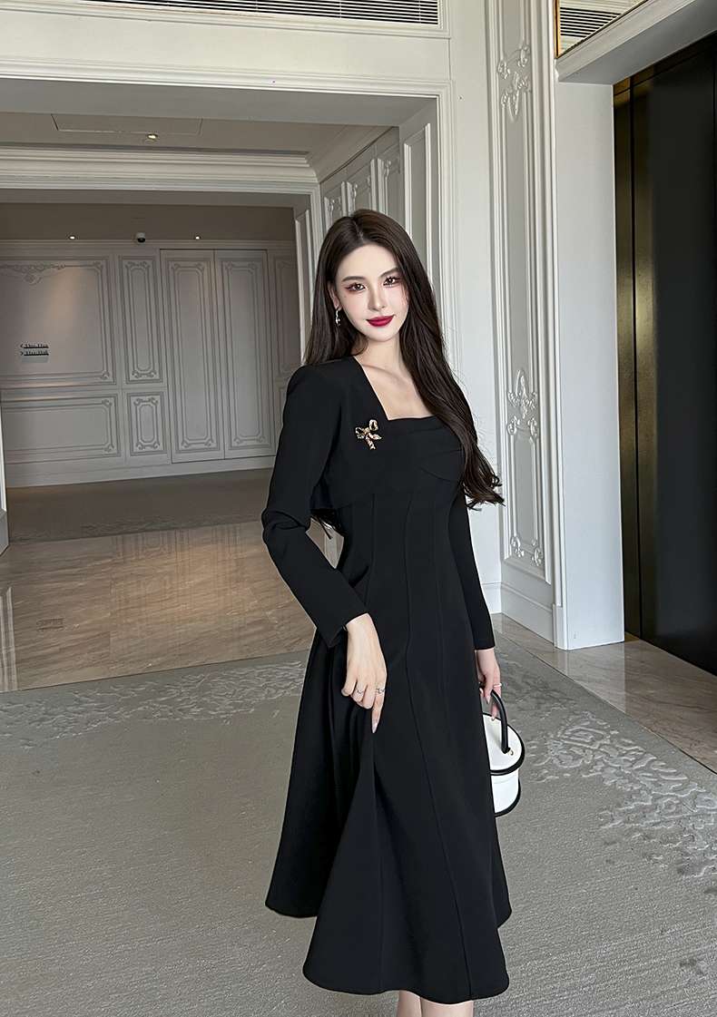 フォーマルスーツ エレガントブラックドレス ミディ丈ワンピース