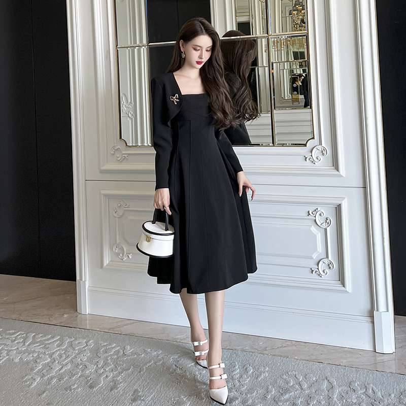 フォーマルスーツ エレガントブラックドレス ミディ丈ワンピース