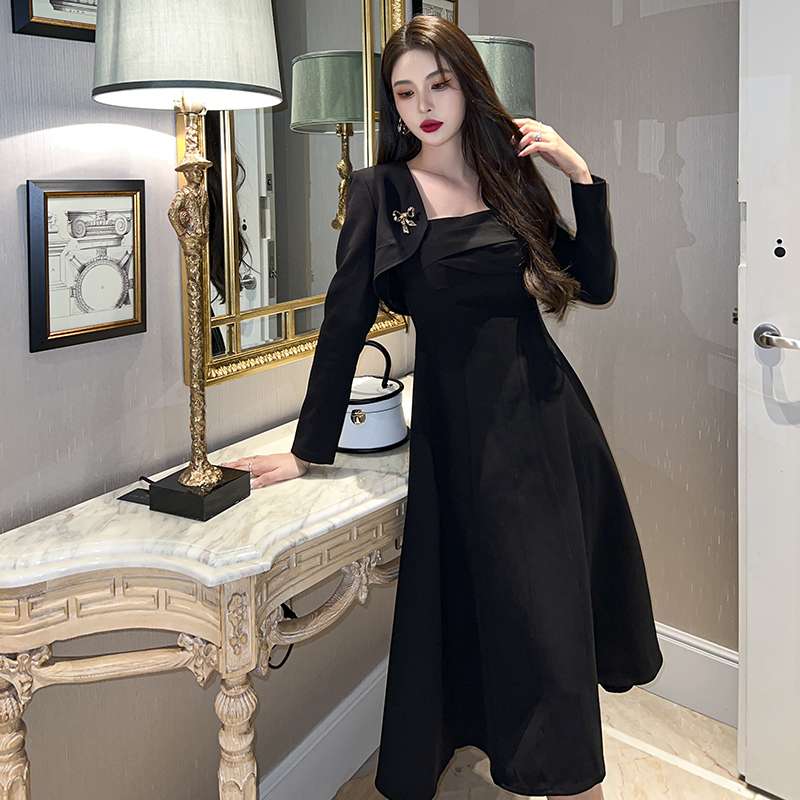 フォーマルスーツ エレガントブラックドレス ミディ丈ワンピース