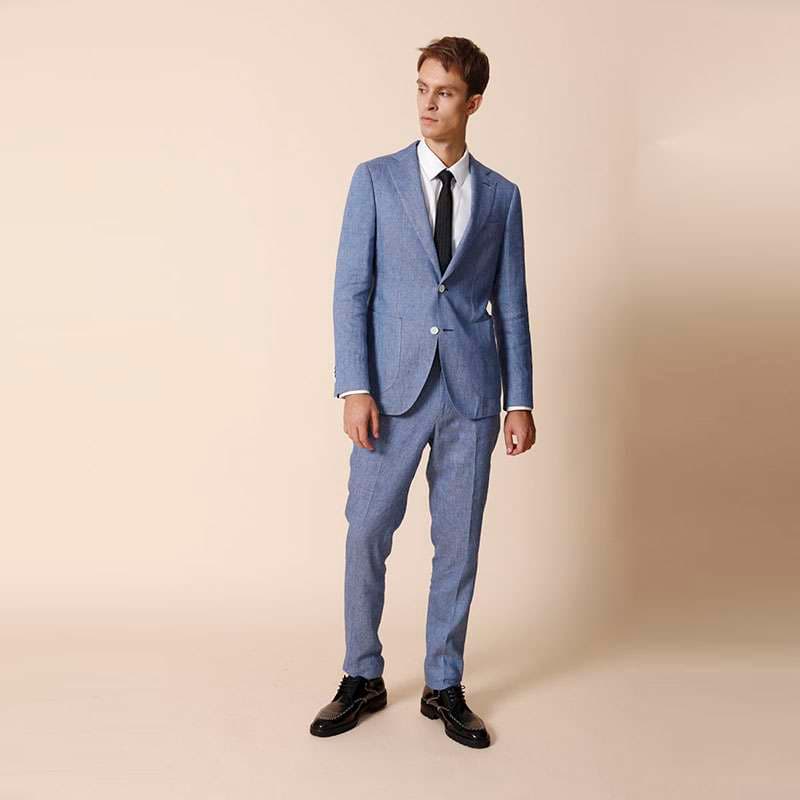 フォーマルスーツ 清涼感のあるブルーリネンスーツ
