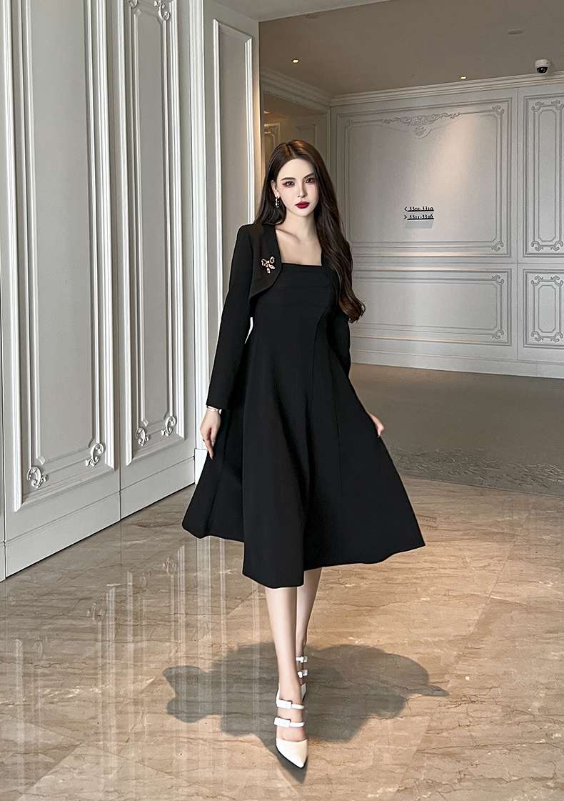 フォーマルスーツ エレガントブラックドレス ミディ丈ワンピース