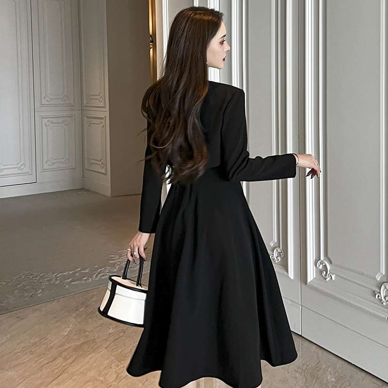 フォーマルスーツ エレガントブラックドレス ミディ丈ワンピース