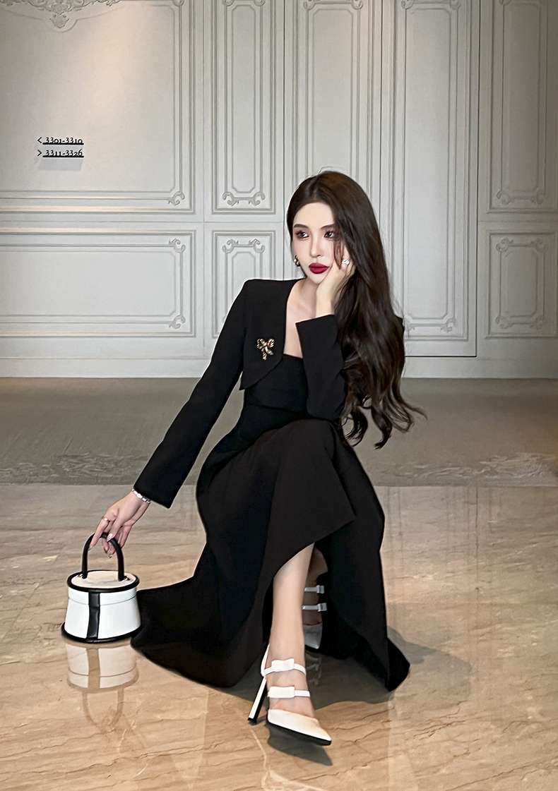 フォーマルスーツ エレガントブラックドレス ミディ丈ワンピース