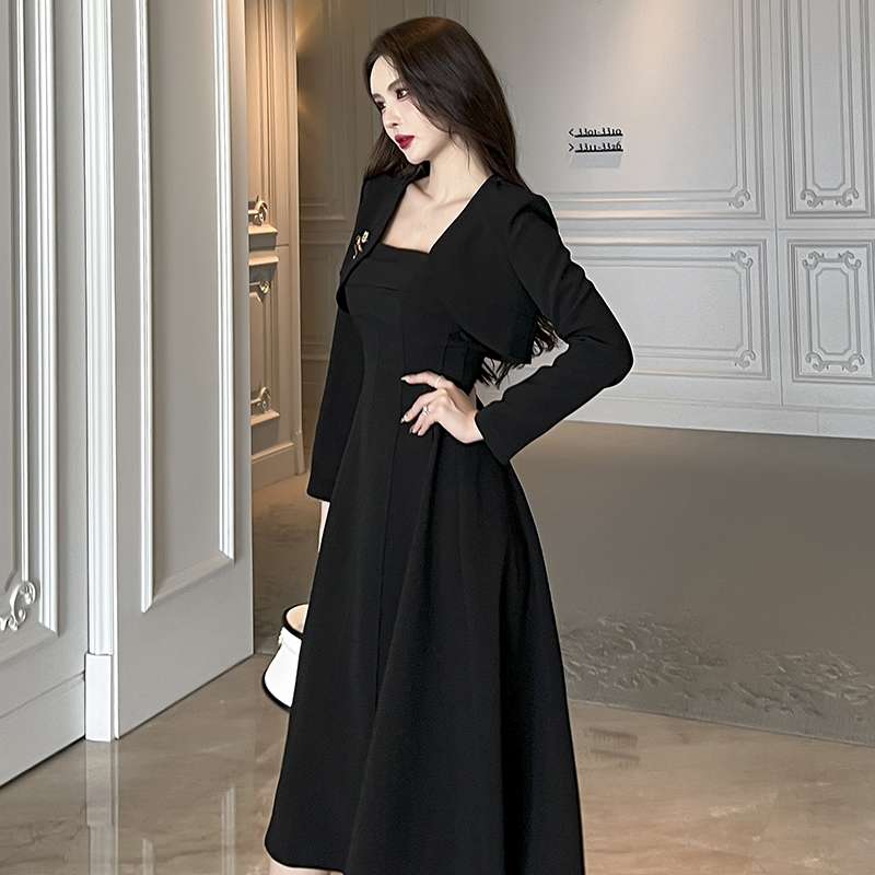 フォーマルスーツ エレガントブラックドレス ミディ丈ワンピース