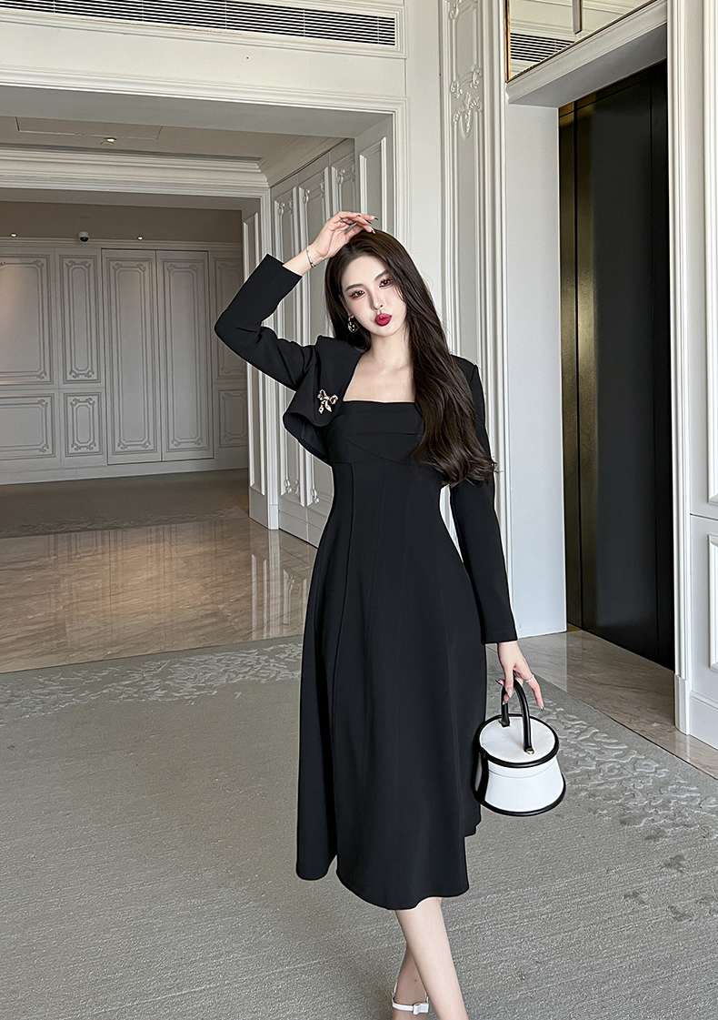 フォーマルスーツ エレガントブラックドレス ミディ丈ワンピース