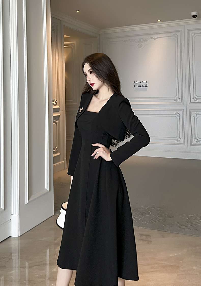 フォーマルスーツ エレガントブラックドレス ミディ丈ワンピース