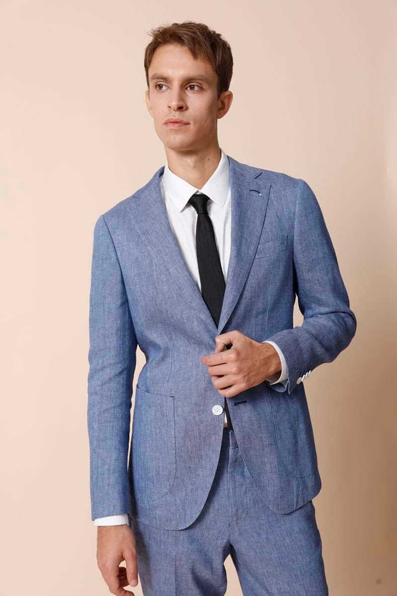 フォーマルスーツ 清涼感のあるブルーリネンスーツ